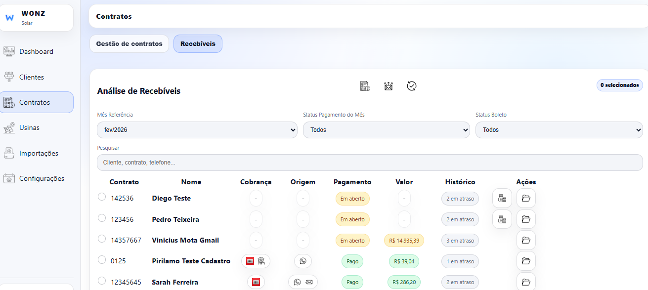 Tela de recebíveis do Wonz Solar
