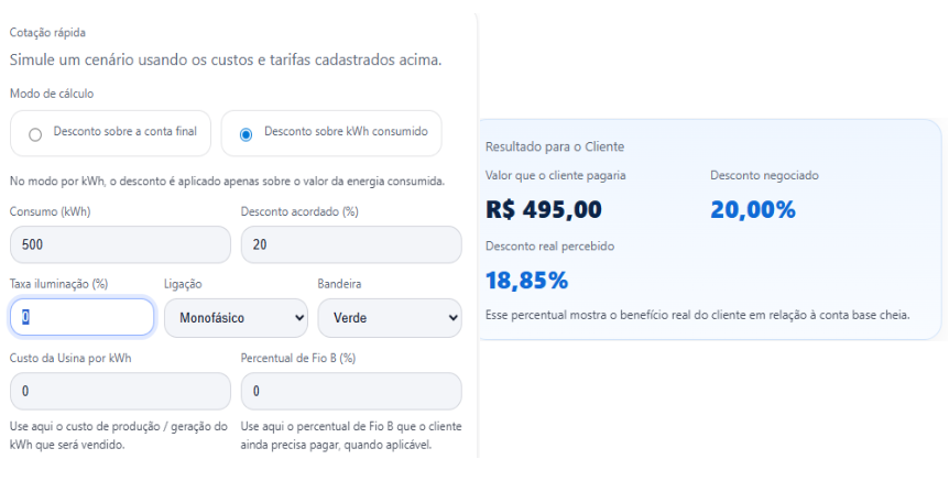 Tela do simulador de rentabilidade do Wonz Solar